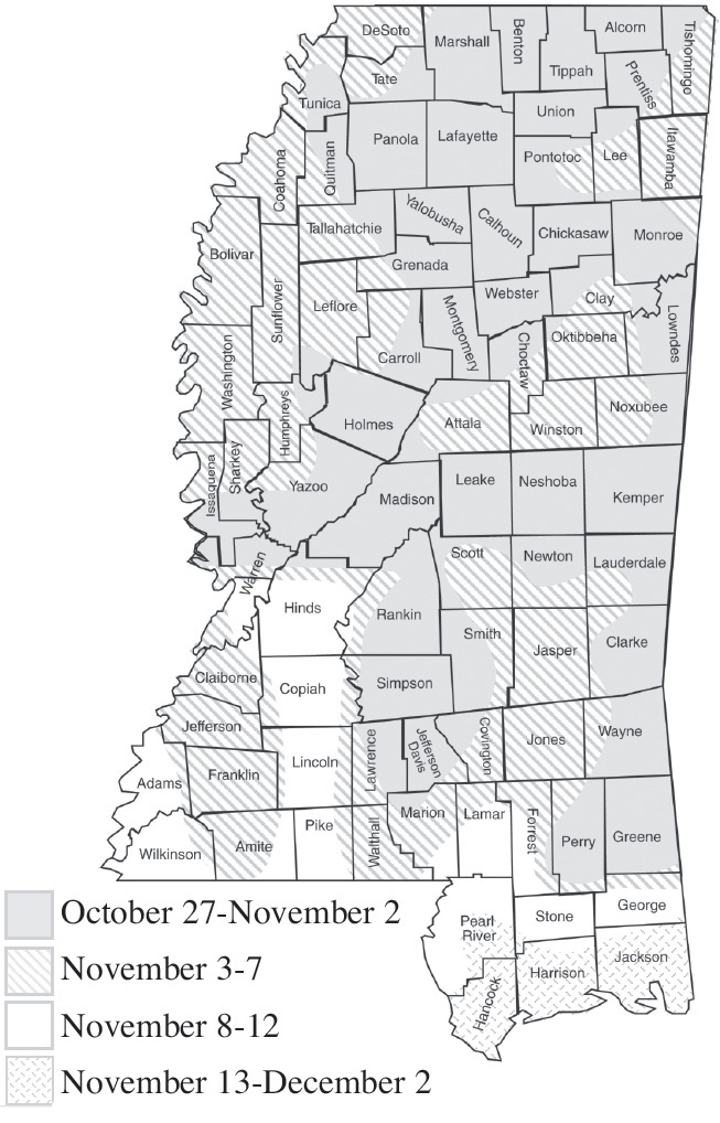 A map of the state showing first frost zones